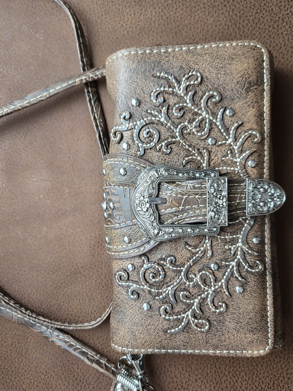 Western Rhinestone Buckle Crossbody Trifold Wallet Purse - Tan / Brown